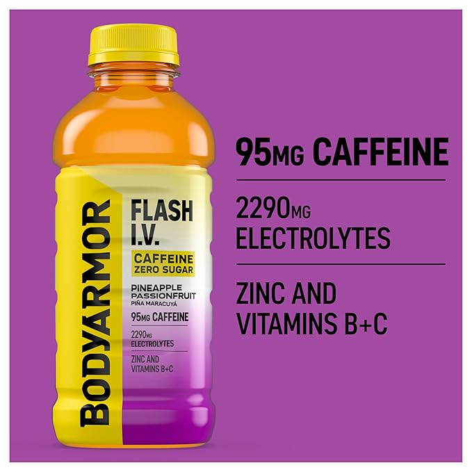 BODYARMOR Flash I.V. Zero Sugar + Caffeine Pineapple Passionfruit Electrolyte Beverage Hydration Drink For Rapid Rehydration Post Workout Recovery 20 Fl Oz (Pack of 12)