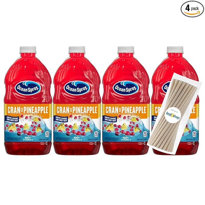 Ocean Spray Cran Pineapple Juice Drink 64 fl oz Plastic Bottle 4 Pack + 15 Sugarcane Disposable Straws by KOOL8SHOP Infinite Deals