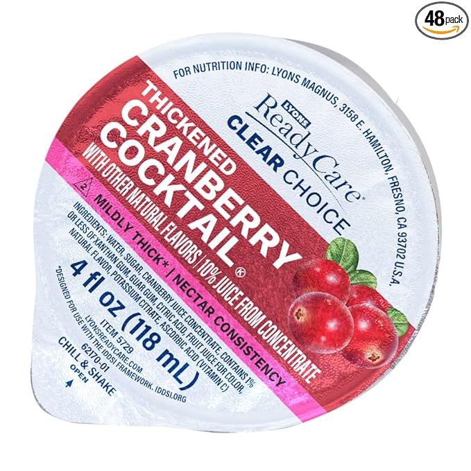 Lyons ReadyCare Thickened Cranberry Cocktail for Dysphagia &amp Swallowing Difficulty - Nectar Consistency Level 2 Mildly Thick - 4 fl oz (48 Pack)