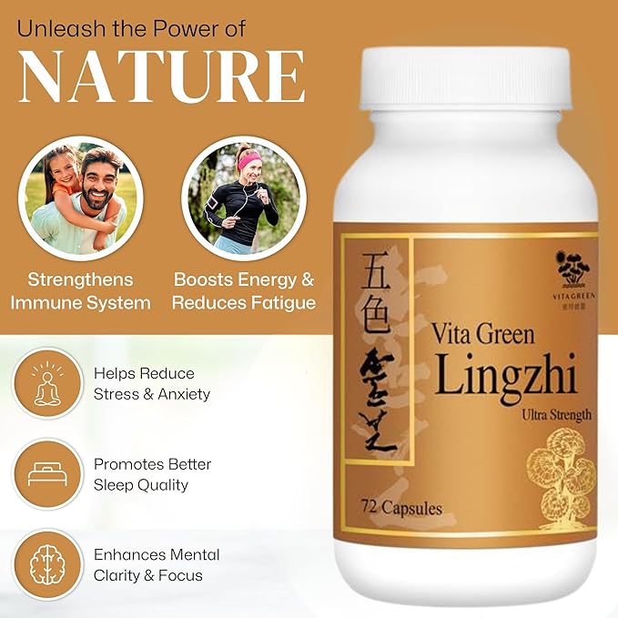 Vita Green Lingzhi Mushroom Supplement (五色靈芝) – Pure Reishi with Natural Antioxidants for Wellness Energy and Immune Support for Men &amp Women – 72 Capsules