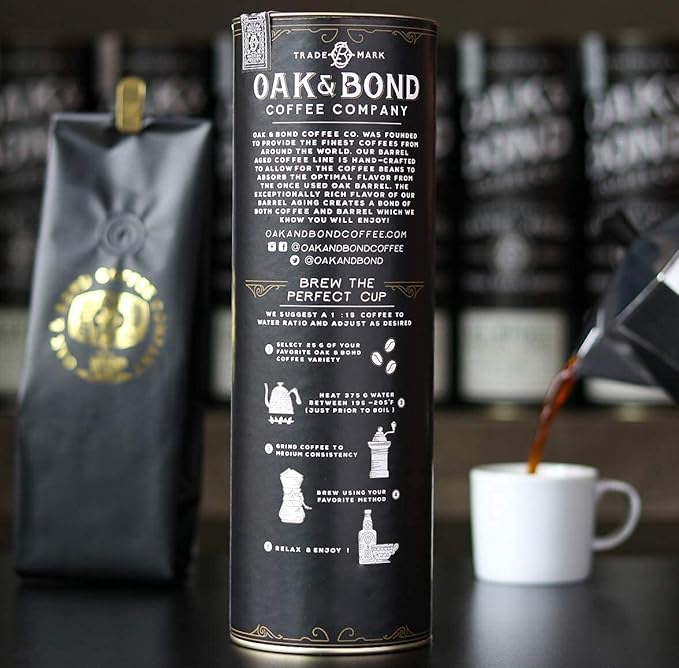 Espresso Bourbon Barrel Aged Coffee Colombia &amp Brazil Blend Whole Bean Arabica Dark Roast w/ Chocolate Black Cherry Toffee Rich Kentucky Bourbon &amp Oak Flavors by Oak &amp Bond Coffee Co