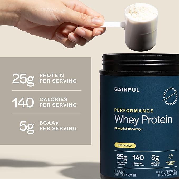 Gainful Performance Whey Protein Powder 25g Protein per Serving Unflavored Supports Muscle Growth Recovery and Endurance with Tart Cherry Powder No Artificial Ingredients 14 Servings
