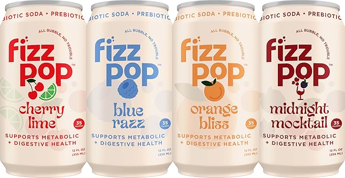 Fizz Pop Metabolic Sparkling Postbiotic and Prebiotic Soda Pop Gut Health Seltzer Water Fiber Drink Metabolism Booster Orange Bliss Flavor 12 oz Cans (Pack of 12)