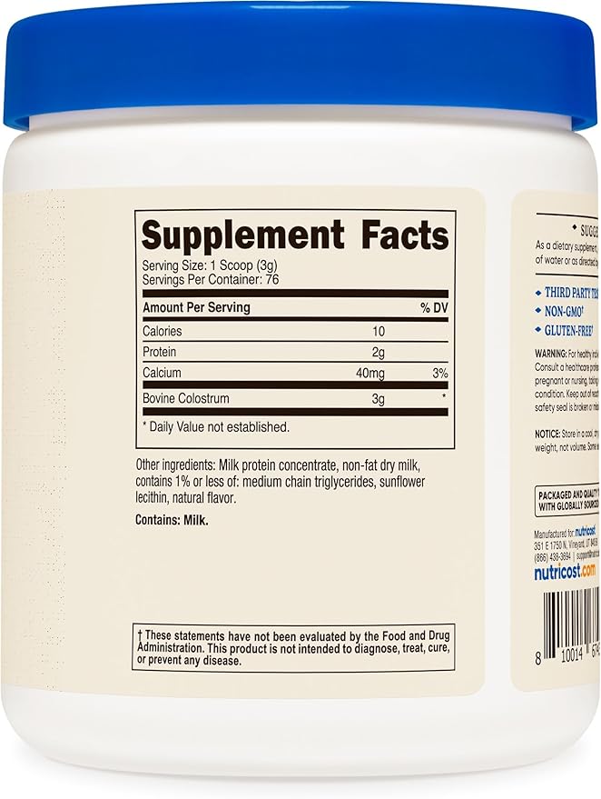 Nutricost Colostrum Powder 8 oz Lactoferrin and Minimum 30% Immunoglobulins (IgG) from Bovine Colostrum 3g Per Serving 76 Servings