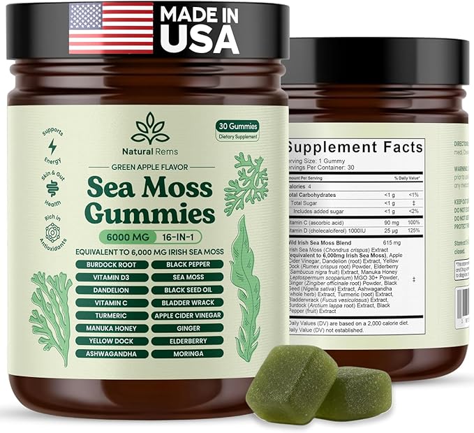 Natural Rems Sea Moss Gummies 16-in-1 - Ashwagandha Black Seed Oil Bladder Wrack Turmeric Vitamin C &amp D3 with Manuka Burdock Root Dandelion Yellow Dock Elderberry Apple Cider Vinegar (Green Apple)