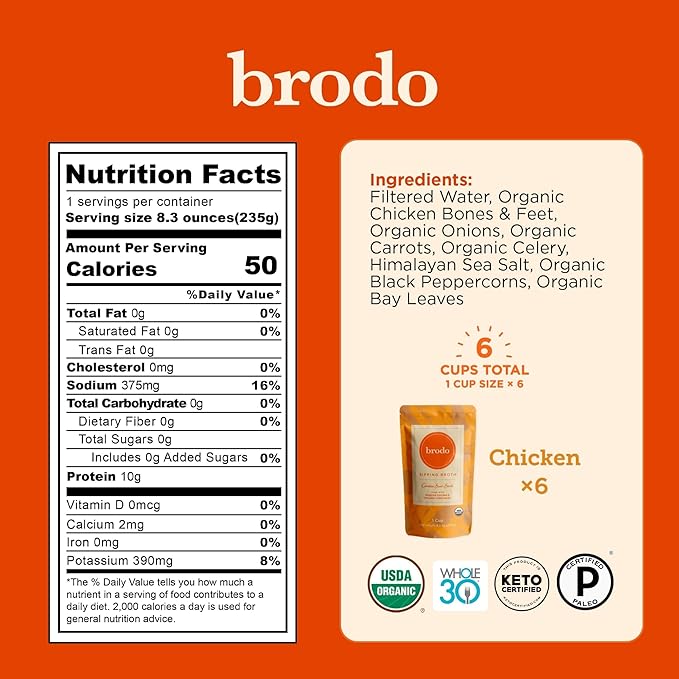 Brodo Organic Chicken Bone Broth Protein-Rich Bone Broth with Collagen Nourishing Chicken Broth Low Sodium for Sipping and Cooking Slow-Simmered for Deep Flavor (4x 25 oz. Pouches)
