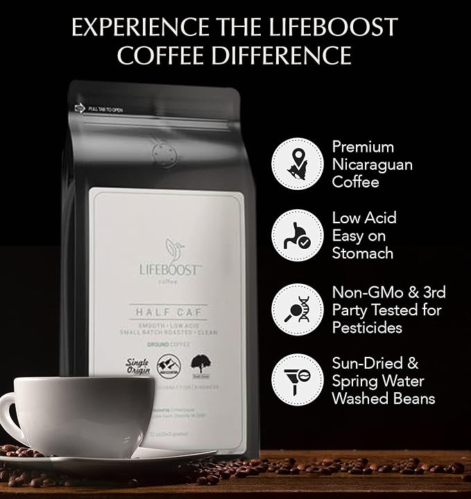 Lifeboost Coffee Half Caff Ground Coffee - Low Acid Single Origin USDA Organic Coffee - Non-GMO Ground Coffee Third Party Tested For Mycotoxins &amp Pesticides - 12 Ounces