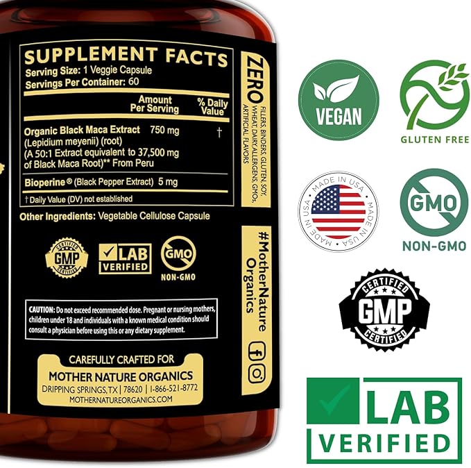 Black Maca Root 50:1 Extract 37500mg – 60 Capsules Organic Peruvian Maca Peruana Supplement for Men | High Potency Energy Mood &amp Performance Support | Vegan Non-GMO