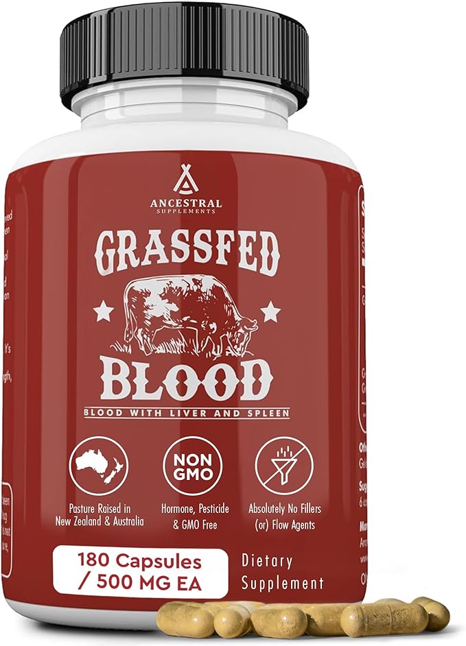 Ancestral Supplements Grass Fed Blood is Blood Liver &amp Spleen Formula 500mg Grass Fed Beef Supplement Red &amp White Blood Cell Formation Immune and Heart Health Support Non GMO 180 Capsul