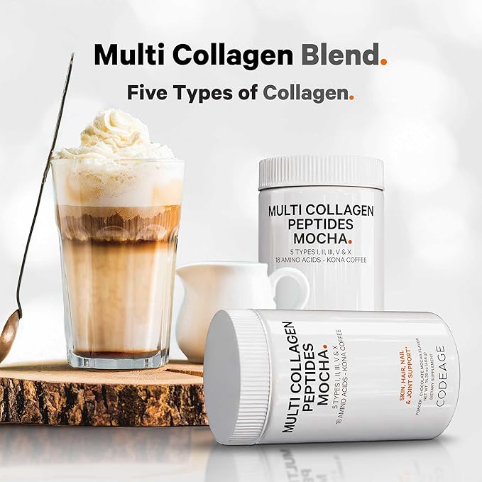 Codeage Multi Collagen Peptides Protein Powder - Chocolate Mocha Instant Coffee - Gourmet Knoa Coffee Drink &amp Shake - Collagen Type I II III V &amp X - Grass-Fed Hydrolyzed Non-GMO - 14.39oz
