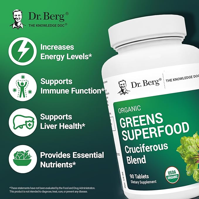 Dr. Berg's Greens Superfood Cruciferous Vegetable Tablets - Vegetable Supplements for Adults w/ 11 Phytonutrient Super Greens - Energy Immune System &amp Liver Veggie Tablets - 90 Tablet
