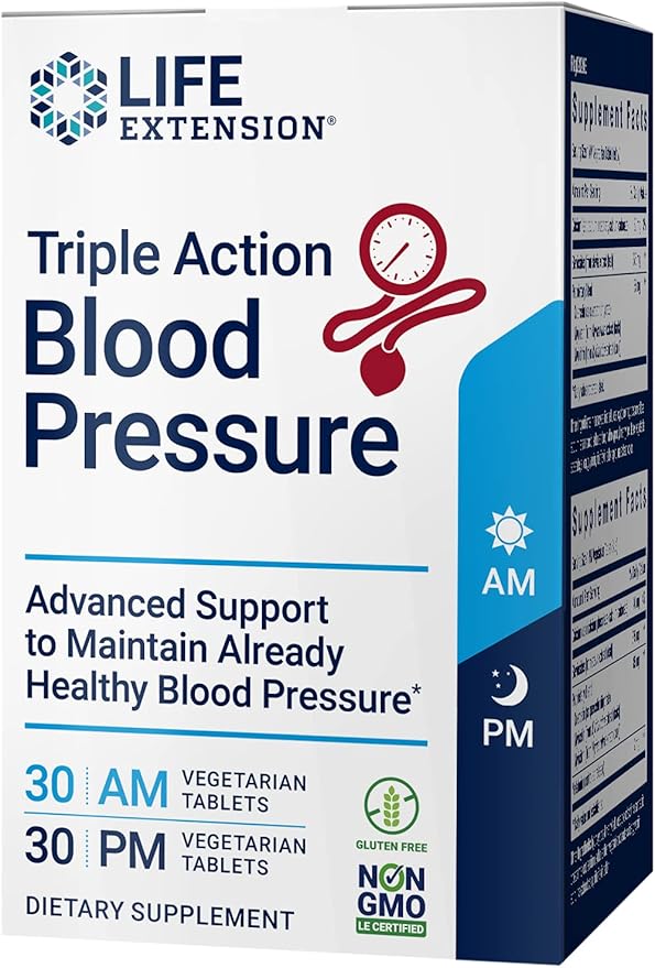 Life Extension Triple Action Blood Pressure Heart Health Supplement quercetin stevia Extract melatonin Morning and Night Support Gluten-Free Non-GMO Vegetarian 60 Tablets