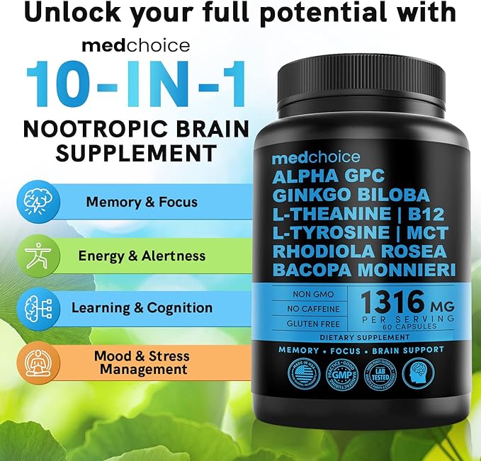 MEDCHOICE Turmeric &amp Ginger (120ct) Sleep Melatonin (180ct) and Nootropic Brain (60ct) Supplement Bundle - Wellness Trio for Brain Sleep &amp Immune Support - Vegan Non-GMO Gluten-Free