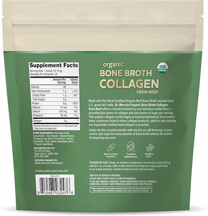 Dr. Mercola Organic Bone Broth Collagen Powder - Supports Bone Health &amp Muscle Growth - USDA Organic Non-GMO Gluten-Free &amp Dairy-Free - 30 Servings - Vanilla Flavor