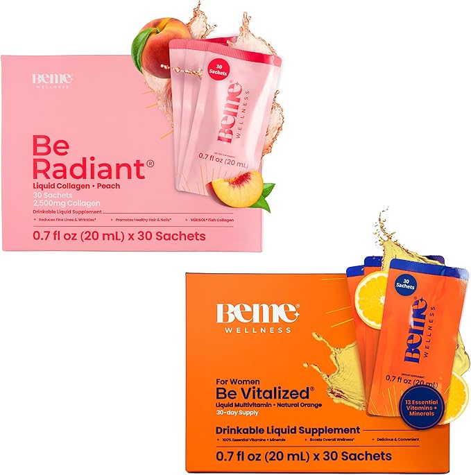 BeMe BeRadiant Liquid Collagen Peach &amp BeVitalized Multivitamin for Women Supplements - 30 Pack