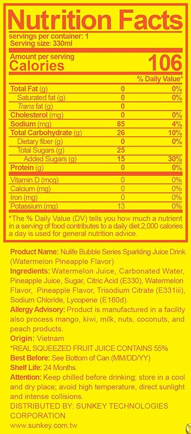 Nülife Bubble Series Sparkling Fruit Juice 55% Real Juice Watermelon Pineapple Soda Tropical Carbonated Fruit Water Refreshing Drink Cans 11.2 Fl Oz (Pack of 12)