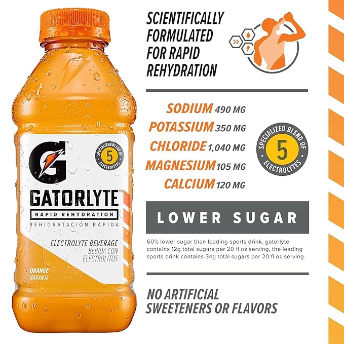 Gatorlyte Rapid Rehydration Electrolyte Drink 3 Flavor Variety Pack Specialized Blend of 5 Electrolytes Lower Sugar No Artificial Sweeteners No Artificial Flavors 20 fl oz Bottles (12 Pack)