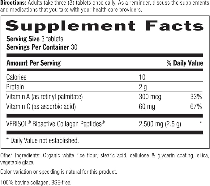 Country Life Verisol Collagen Peptides Tablets - Reduce Depth of W[KB2] rinkles &amp Enhance Skin Elasticity-90 Tablets-Includes Vitamin A&ampC - Collagen Powder for Women &amp Men - Boost Skin Col