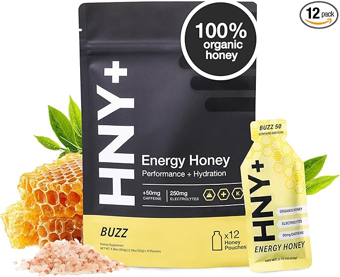 HNY+ Buzz Organic Honey Energy Gel with Electrolytes Magnesium Sea Salt Potassium &amp Green Tea Caffeine Gluten Free &amp Vegan Workout Gels for Gym Running &amp Hiking 50mg Caffeine 12 P