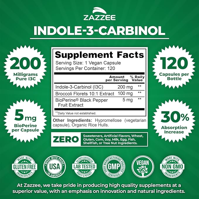 Zazzee High Absorption Indole-3-Carbinol (I3C) 200 mg per Capsule 120 Vegan Capsules 4 Month Supply 5 mg BioPerine for Enhanced Absorption 100% Vegetarian All-Natural and Non-GMO