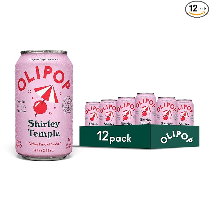 OLIPOP Prebiotic Soda Pop Shirley Temple Pantry Pack Packed with Prebiotics Fiber and Botanicals Gluten Free GMO Free 12oz (12-Cans)