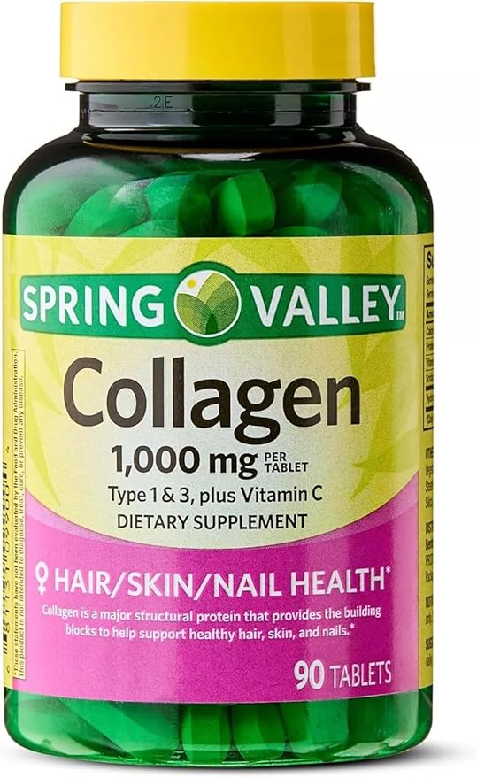 Collagen Type 1 &amp 3 Plus Vitamin C Hair Skin Nails Health Dietary Supplement Tablets 1000 mg 90 Count by Spring Valley (Pack of 1) + VSL Sticker
