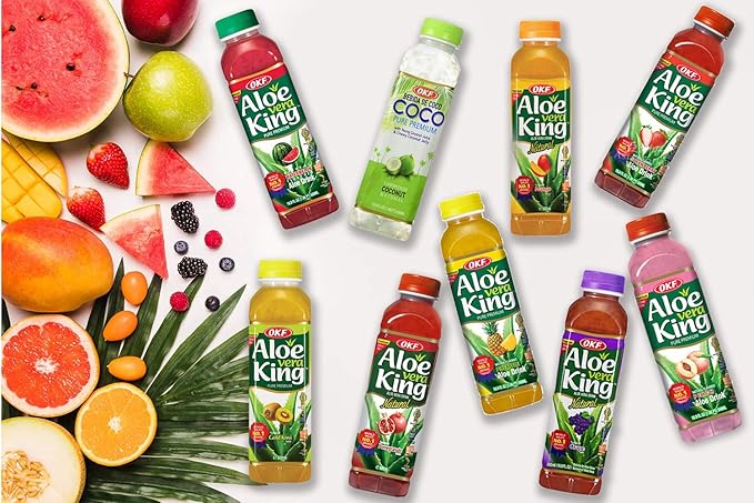 OKF Aloe Vera King Drink Flavors includes Coco Original Grape Mango Pineapple Watermelon Pomegranate Gold Kiwi Peach and Strawberry (10 flavor variety pack 10)
