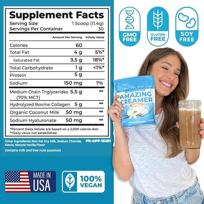 Superfoods Company Amazing Creamer with Collagen - Keto Creamer-Hyaluronic Acid &amp MCT Oil - Brain Boost &amp Curbs Cravings - Supports Healthy Skin &amp Hair - Diet-Friendly [60 Servings] [Vanil