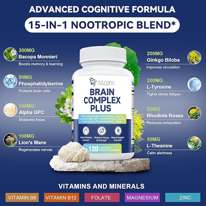 2-Pack Brain Supplements for Memory &amp Focus | Nootropic with Bacopa Lion's Mane Alpha GPC | Mental Clarity &amp Cognitive Support | Vitamin B6 &amp B12 – 240 Caps (120/Bottle)