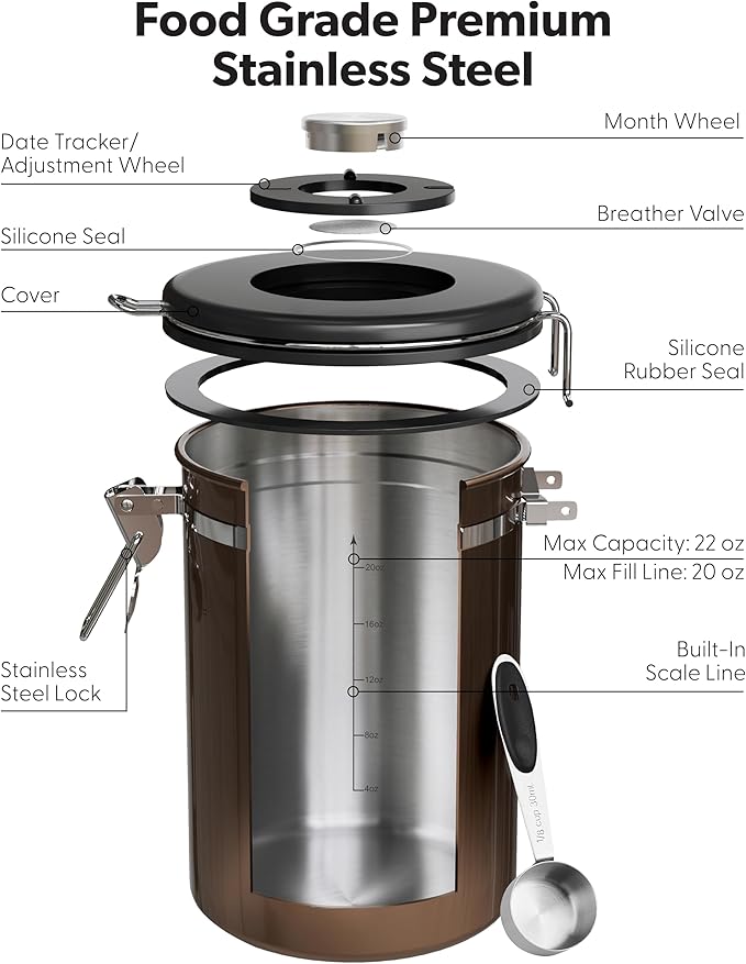 Veken Coffee Canister with WindowAirtight Stainless Steel Kitchen Food Storage Container Date Tracker &amp Scoop for Grounds Coffee Beans TeaFlourCerealSugar22OZCopper