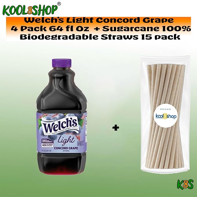 Welch's Concord Grape Light Fruit Juice Drink 64 fl oz Plastic Bottles 4 Pack + 15 Sugarcane Disposable Straws by KOOL8SHOP Infinite Deals