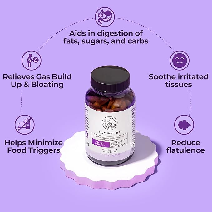 Happy Mammoth Bloat Banisher Natural Relief for Bloating Gas Indigestion &amp Discomfort. Promotes Healthy Digestion of Even Difficult Foods Like Dairy Breads Pizza Cheese &amp Meats. 72 Caps