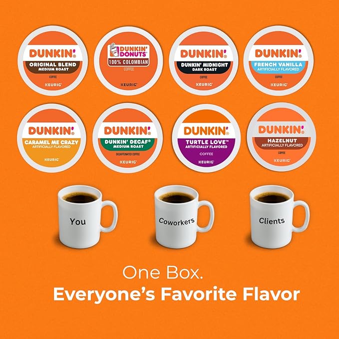 Dunkin K-Cup Variety Pack: 28 Keurig Coffee Pods 8 Flavors Medium &amp Dark Roasts Flavored K Cups - Hazelnut French Vanilla Caramel Turtle Love Coffee Kcups with Recipe eBook (28units 8 Flavo