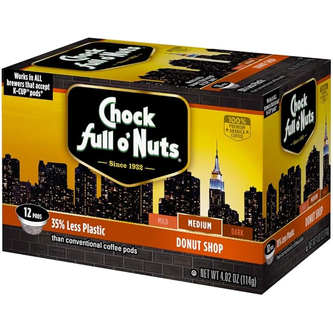 Chock Full o’Nuts Donut Shop Medium Roast K-Cups – Compatible with Keurig Pods K-Cup Brewers (4 Packs of 12 Single-Serve Cups)
