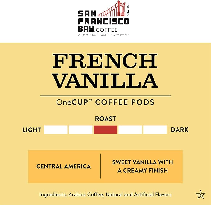 San Francisco Bay Coffee - Flavored Medium Roast - French Vanilla (80 ct) - Single Serve Coffee Pods Commercially Compostable K Cup Compatible