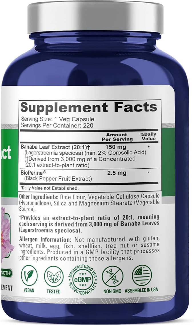 NusaPure Banaba Leaf 150 mg 200 Veg Capsules (Non-GMO Vegan)