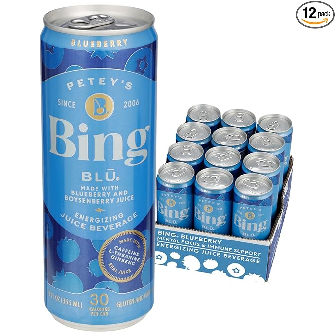 BING BLUEBERRY Energizing Juice Beverage – (12oz/12pk) – Made with REAL Juice! Only 2g added Sugar Low Calorie L-Theanine 5 B-Vitamins &amp Ginseng 125 mg Caffeine Vegan Gluten + Dairy Free. DE
