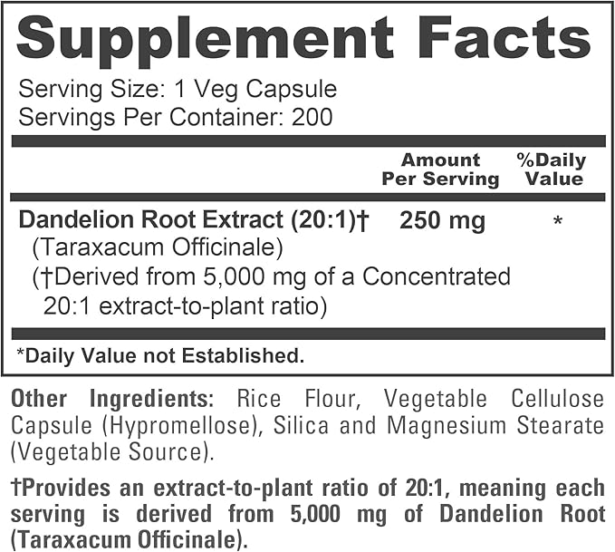 NusaPure Dandelion Root 20:1 Extract 250 mg Equivalent to 5000mg 200 Veg Capsules (Vegan Non-GMO)