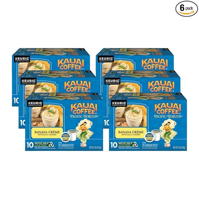 Kauai Coffee K-Cup Pods for Keurig Brewers – Arabica Coffee 10% Hawaiian – Medium Roast Banana Flavor with Creamy Vanilla – Banana Crème (Pack of 6)