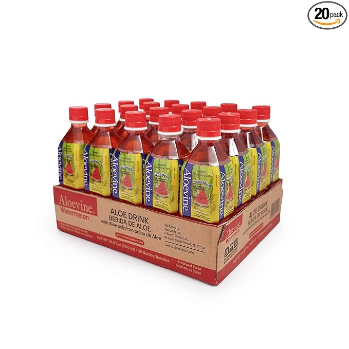 Aloevine Aloe Vera Drink Watermelon – Drink Aloe Juice with Real Aloe Chunks | Healthy Plant-Based Korean Beverage | Aloe Vera Juice | 16.9 oz Bottles (20 Pack)