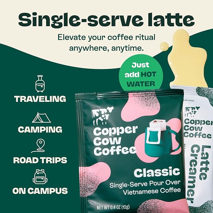 Copper Cow Vietnamese Coffee Variety Pack (15 Coffees &amp 15 Creamers)| Classic Vanilla &amp Salted Caramel Latte | Pour Over Single-Serve Lattes No Refrigeration Needed Travel Friendly Ground