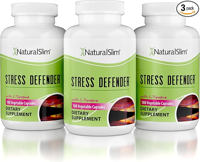 NaturalSlim Stress Relief Supplement - Stress Defender High Cortisol Reducer Control Cravings Sleep &amp Metabolism Support with Vitamin B5 Pantothenic Acid &amp L Tyrosine 180 Vegetable Capsules