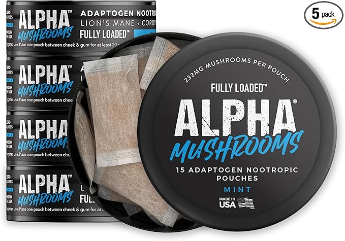 Fully Loaded Alpha Mushrooms - Adaptogen Nootropic Pouches (5-Pack Mint) - - Lion's Mane Cordyceps &amp Chaga - 5 cans 15 Pouches per can - Functional Mushrooms - Made in The USA