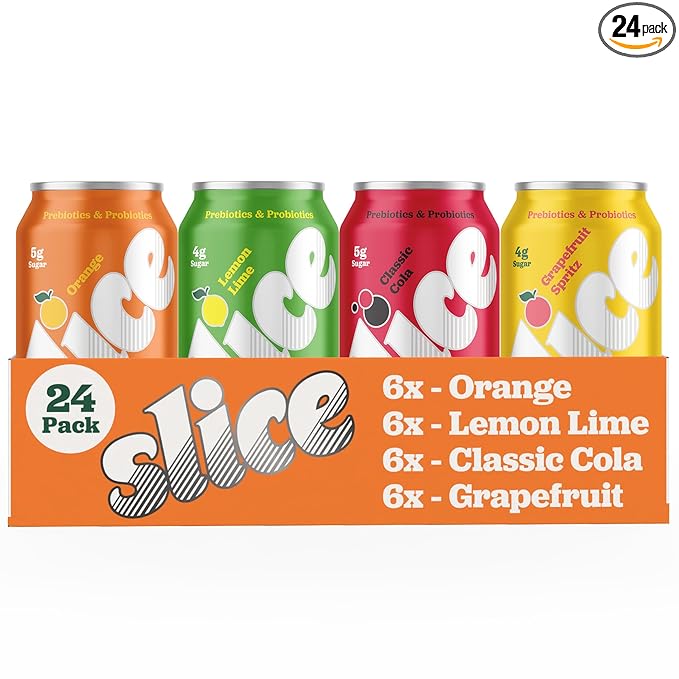 Slice Healthy Soda Sampler Variety Pack Prebiotic &amp Probiotic Soda Pop 5g Fiber 35-40 calories 12 fl oz 24 Pack (6 of each flavor)