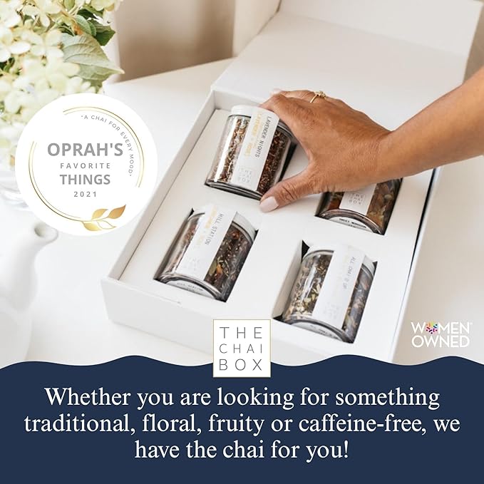 The Chai Box Ultimate Tea Lover's Gift Set - Featured in Oprah's Favorite Things | Caffeinated and Caffeine Free Loose-Leaf Tea Gift Box (Pack of 4) 10 oz | Small Batch Assorted Tea Sampler with Whole