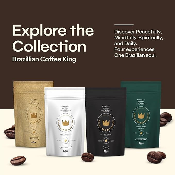4-Pack Specialty Whole Bean Coffee Mindfully – Arabica Roasted in Brazil – Smooth Centering Flavor with Notes of Chocolate Caramel Vanilla and Nuts – Carefully Harvested – Brazilian Coffee King
