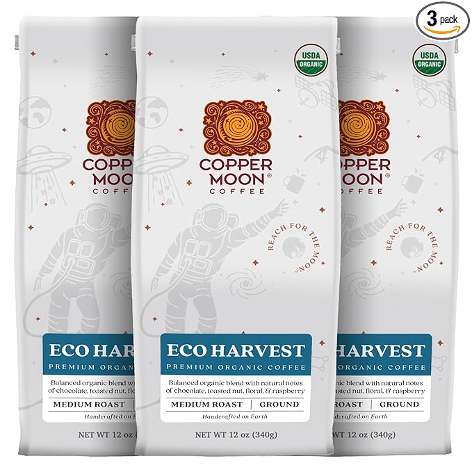 Copper Moon Ground Coffee Organic Eco Harvest Blend Medium Roast 3 Bags (12 oz. Each)