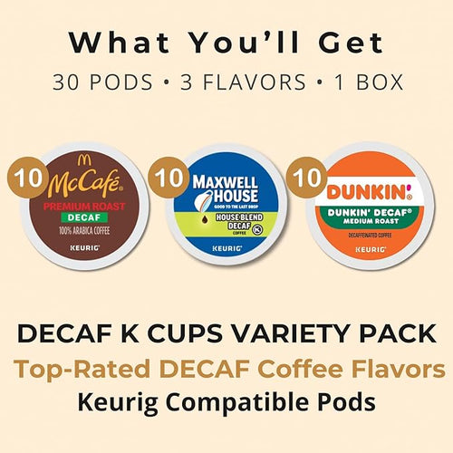 30-Pack Decaf Coffee K-Pods Variety: Dunkin McDonalds Premium Roast Maxwell-House Decaf Blends Keurig-Compatible Includes Coffee Recipe eBook