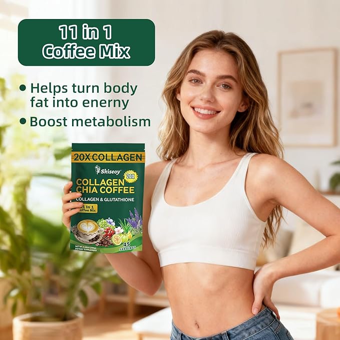 20x Collagen Chia Coffee - 11-in-1 Coffee Shape Mix with Collagen &amp Chia Seeds L-Glutathione for Skin Hair - Boost Energy and Improve Focus Vegan Friendly 45 Servings