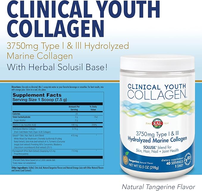 KAL Clinical Youth Collagen | Healthy Skin Hair Nail and Joint Support | Vitamin C | Natural Tangerine Flavor | 10.5oz 40 Serv.